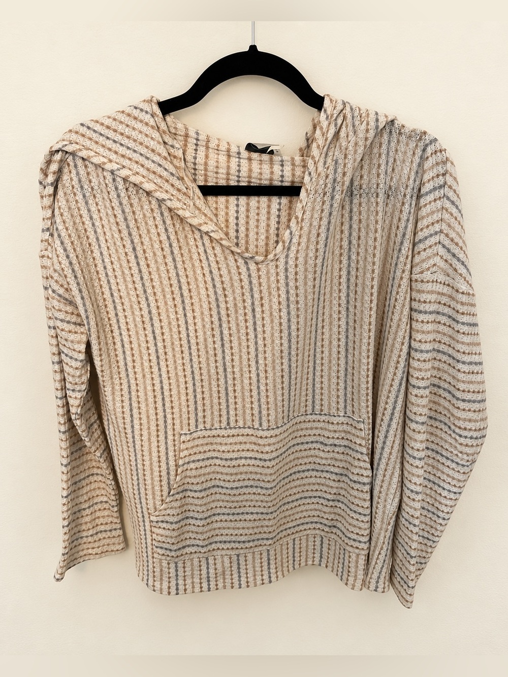 Paper Crane Neutral Striped Waffle Knit Hooded Pullover S